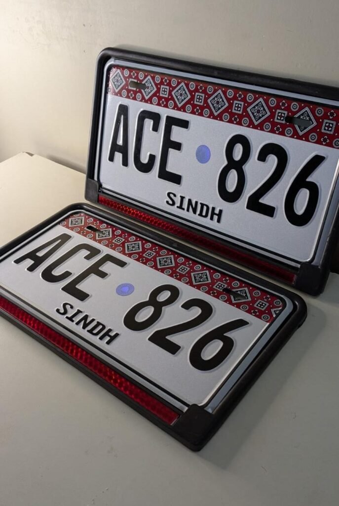 Sindh Ajrak style embossed number plates by Brother Craft